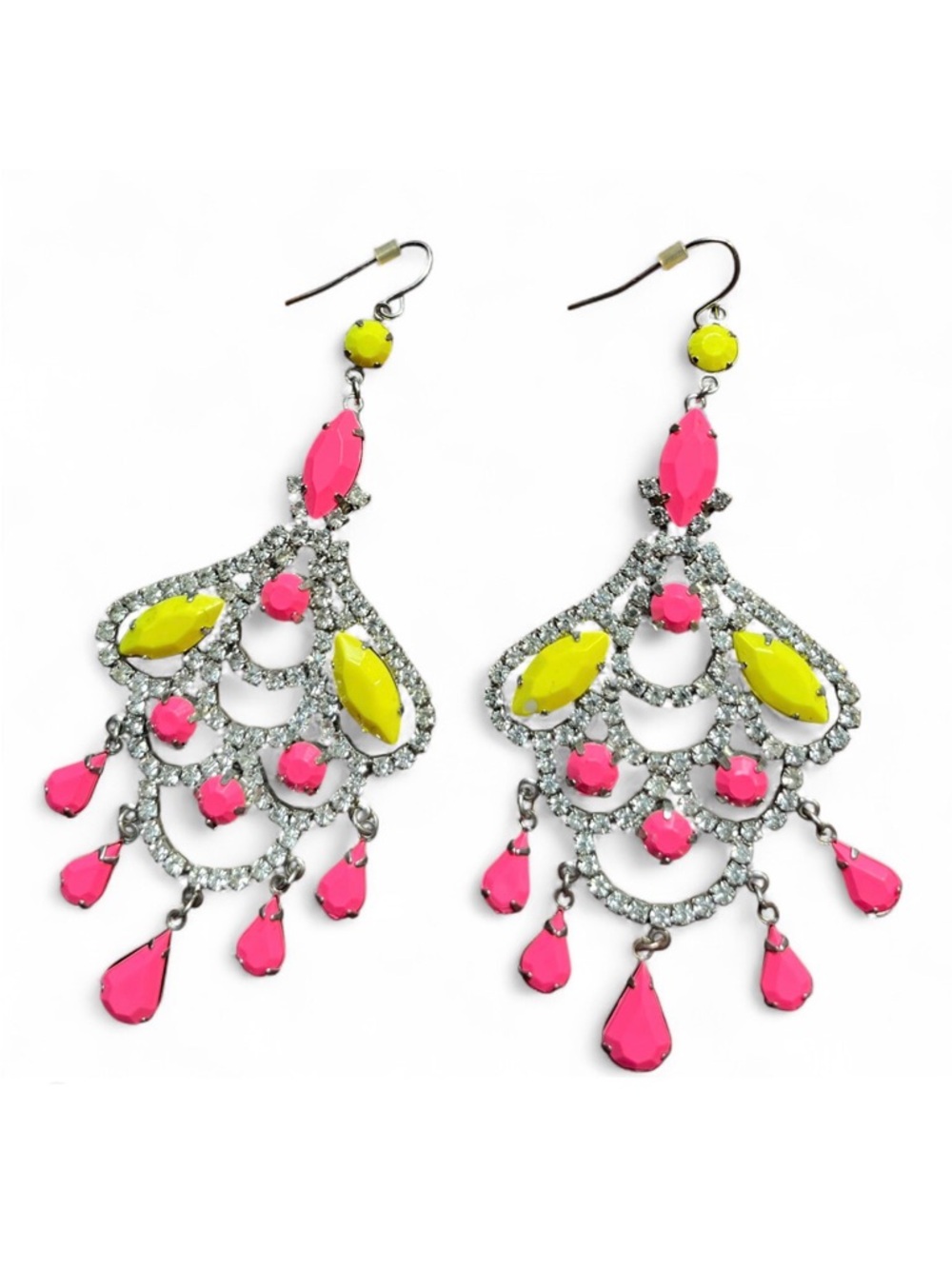 UV/black light glow Pink & Yellow Crystal Chandelier Earrings